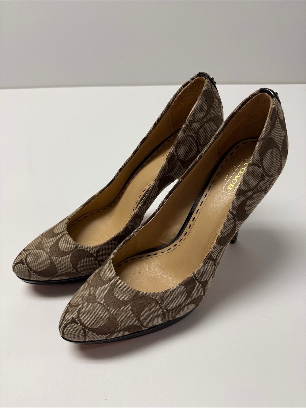 Coach Taupe & Brown Signature Canvas Pointed-Toe Heels